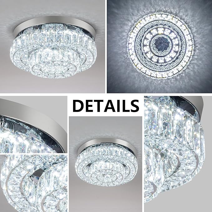 12 Inch Crystal Chandelier LED Ceiling Light 2 Tier Flush Mount Ceiling Light Fixtures Modern Chandelier Lighting for Hallway Bedroom Dining Room Kitchen (Cool White)-HomvellaHome