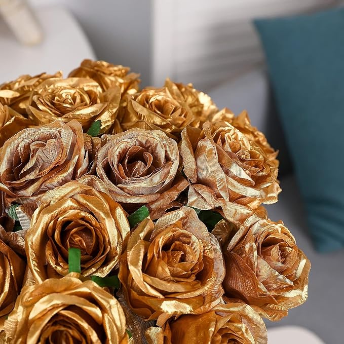 Gold Fake Roses Artificial Flowers - 10 Pcs Fake Artificial Roses Silk Flowers with Stems for Home Wedding Hotel Office Centerpiece Decor-HomvellaHome