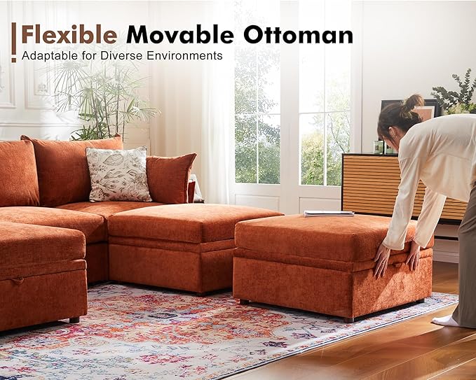 134.6" Oversized Modular Sectional Sofa, 6 Seater U Shaped Couch with Storage Ottoman with Reversible Chaise Deep Seat for Living Room, Apartment - Chenille Terracotta Orange-HomvellaHome