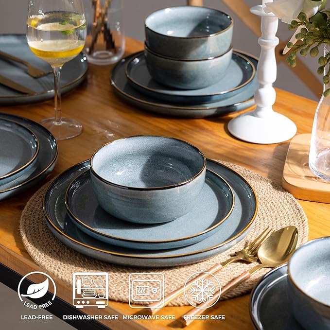 GBHOME Ceramic Dinnerware Sets for 4, 12 Pieces Stoneware Plates and Bowls Sets, Reactive Glaze Dishes -Scratch Resistant, Dishwasher&Microwave Safe, Space Blue-HomvellaHome