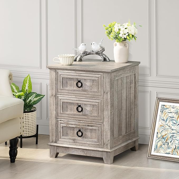 18" Farmhouse Night Stand with 3 Drawers, Wood End Table Dresser for Bedroom, Retro Oak Nightstand, Bed Side Table with Metal Handle, Bedside Cabinet for Bedroom Living Room, Closet-HomvellaHome