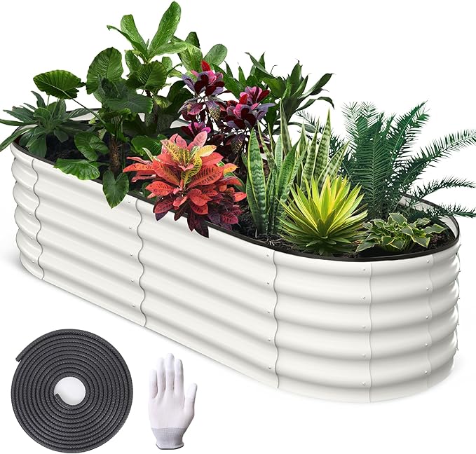 2 Pcs 6x3x1ft Oval Raised Garden Bed, Galvanized Raised Beds,Open-Ended Base Metal Raised Planter Beds,Garden Bed Outdoor,Planter Raised Boxes for Vegetables, Flowers,Tool-Free Asse,White-HomvellaHome
