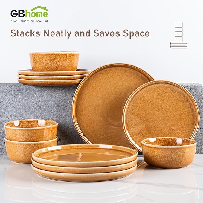 GBHOME Ceramic Dinnerware Sets for 4, 12 Pieces Stoneware Plates and Bowls Sets, Scratch Resistant Dishes, Dishwasher & Microwave Safe, Reactive Glaze-Amber-HomvellaHome