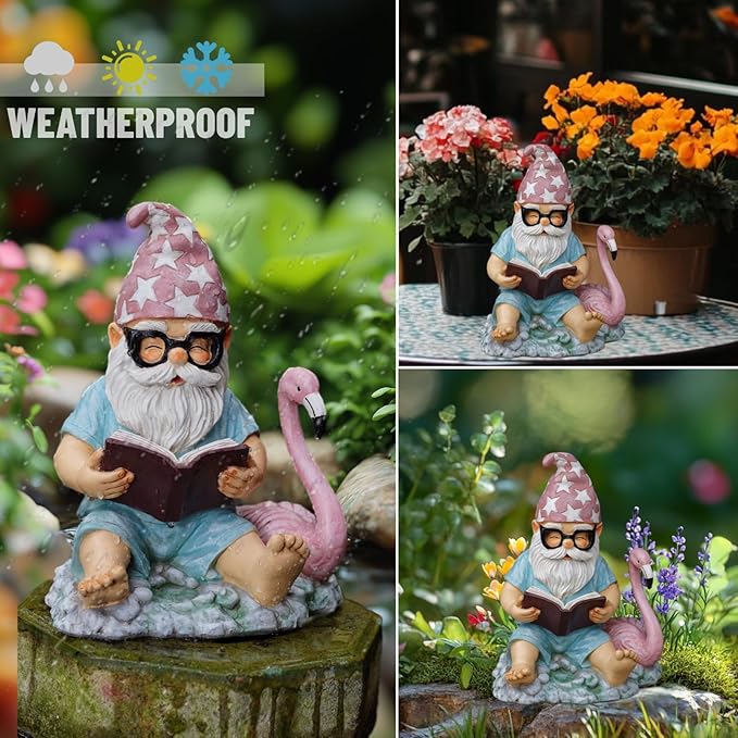 Gnome Statue Garden Decor, Resin Gnome and Flamingo Figurines Outdoor Decorations for Yard Art Porch Lawn Ornaments, Unique Housewarming Gifts-HomvellaHome