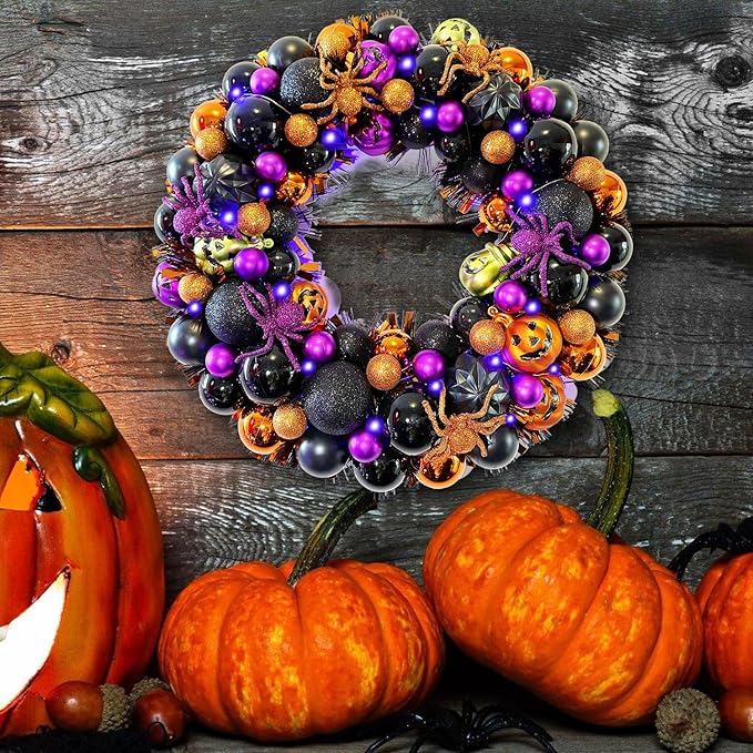 17 Inch Halloween Ball Wreath for Front Door with Lights, Lighted Cute Treat-or-Trick Door Wreath Ball Ornament for Halloween Indoor Decorations Centerpiece Party Holiday Wall Home Decor-HomvellaHome