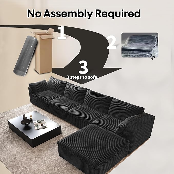 157.5" L Shaped Modern Sofa Modular Sectional Cloud Couch with Ottoman,Deep Seat Upholstered Couches with Corduroy Fabric for Living Room Furniture,Bedroom and Apartment,No Assembly Required,Black-HomvellaHome