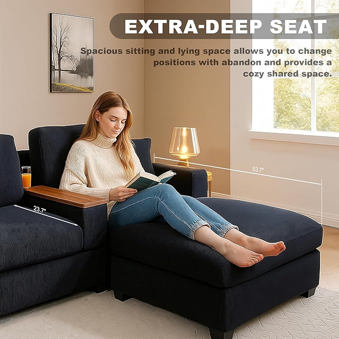 120.3" Modern L-Shaped Sectional Sofa with 360°Swivel Drop-Down Table, Storage Armrest, USB Ports & Movable Storage Ottoman – Plush Linen Cloud Couch for Lounge (Black)-HomvellaHome