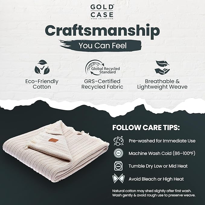 Gold Case Throw Blanket for Couch – 100% Recycled Turkish Cotton Blankets & Throws – Elegant Decorative Throw Blankets for Living Room Sofa – Woven Throws for Couch – Vintage Beige – 50x60-HomvellaHome