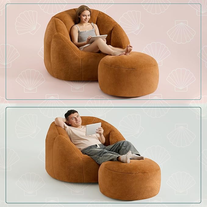 Giant Bean Bag Swivel Chair for Adults - Comfy Plush Round Shell Soft Accent Chaise Lounge Indoor Chair, Oversized Cozy Floor Sofa for Living Room, Bedroom & Game Rooms, Orange-HomvellaHome