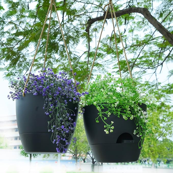 10 Inch Self Watering Hanging Pots, 2 Pack Hanging Planters with 40oZ Deep Reservior for Indoor Outdoor Plants Flowers, Black-HomvellaHome