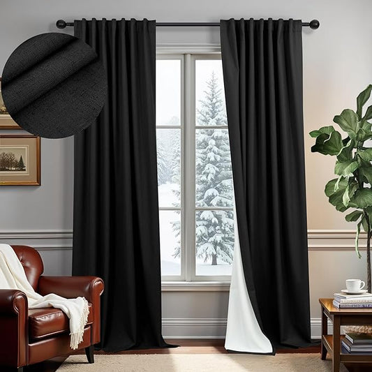 102 Inch Curtains Black Out Linen Blackout Curtains for Bedroom Aesthetic 2 Panel Long Drapes Large Window Sun Light Blocker Custom Made Size Thermal Insulated Curtains for Living Room 52x102 Length-HomvellaHome