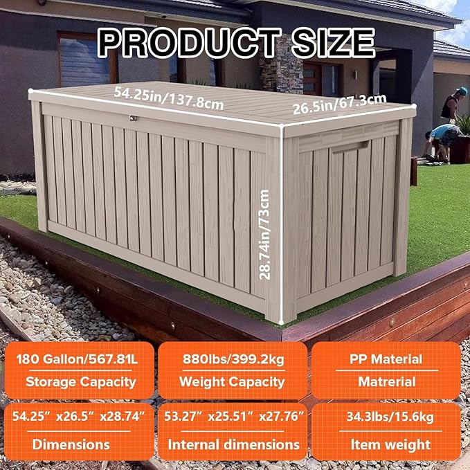 180 Gallon Outdoor Storage Box Waterproof Lockable Resin Deck Box Large, Patio Storage Bin for Pool Accessories Cushion Furniture, Garden Tools, UV-Resistant Outside Delivery Grey-HomvellaHome