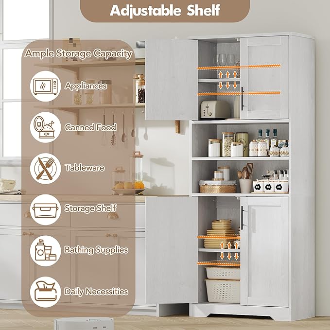 GarveeHome 67" Tall Storage Cabinet, Tall Bathroom Cabinet with 4 Doors and Adjustable Shelves, Freestanding Kitchen Pantry Cabinets, Cupboard for Living Room, Dining Room, Antique White-HomvellaHome