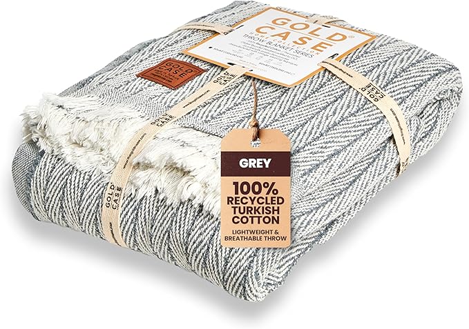Gold Case Throw Blanket for Couch – 100% Recycled Turkish Cotton Blankets & Throws – Elegant Decorative Throw Blankets for Living Room Sofa – Woven Throws for Couch – Vintage Grey – 50x60-HomvellaHome