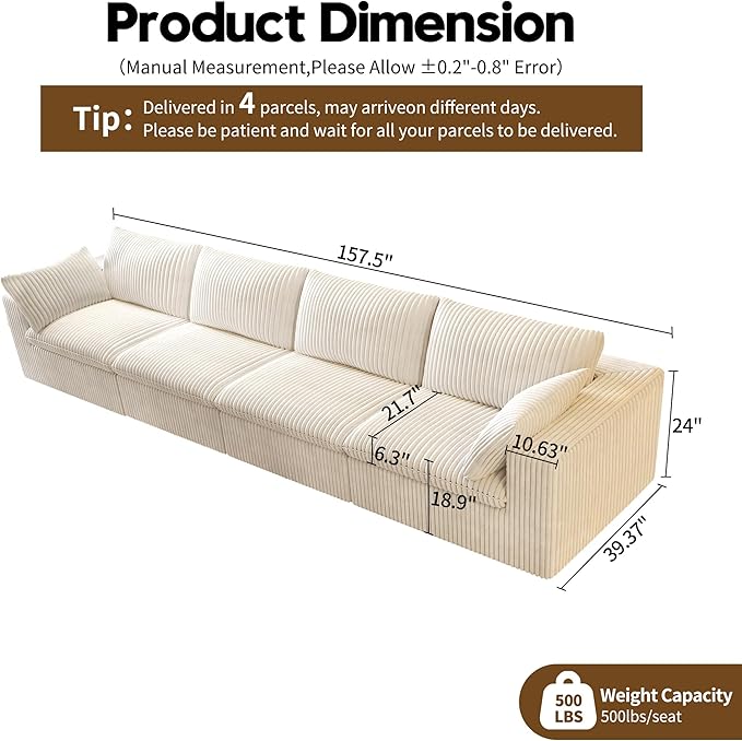 157.5" 4-Seater Cloud Sofa,Modular Sectional Couch,Modern Deep Seat Upholstered Couches with Plush Corduroy Fabric for Living Room Furniture,Bedroom and Apartment,No Assembly Required,White-HomvellaHome