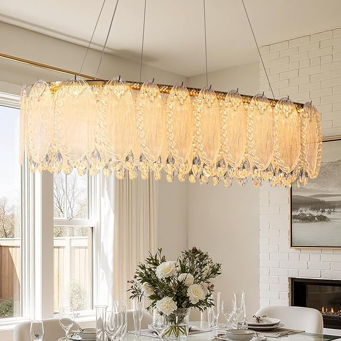 Gold Rectangle Modern Chandeliers for Dining Room Light Fixture, Water Ripple Crystal Glass LED Chandelier for Kitchen Island Bar Living Room, 2700K-6000K-HomvellaHome