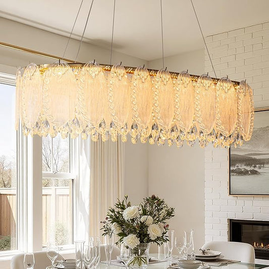 Gold Rectangle Modern Chandeliers for Dining Room Light Fixture, Water Ripple Crystal Glass LED Chandelier for Kitchen Island Bar Living Room, 2700K-6000K-HomvellaHome