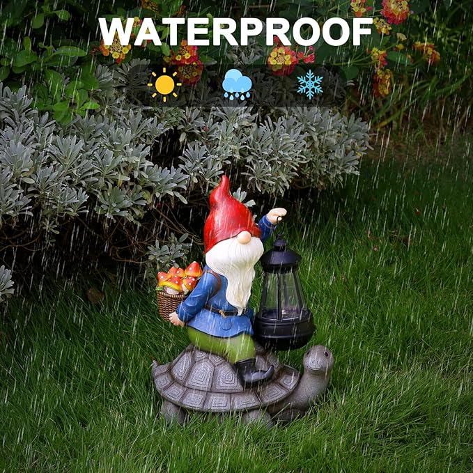 Gnome and Turtle Garden Decor, Large Outdoor Garden Sculptures & Statues, Outside Patio Yard Lawn Decorations, Housewarming for Women, Mom, Grandma with Solar Lantern-HomvellaHome