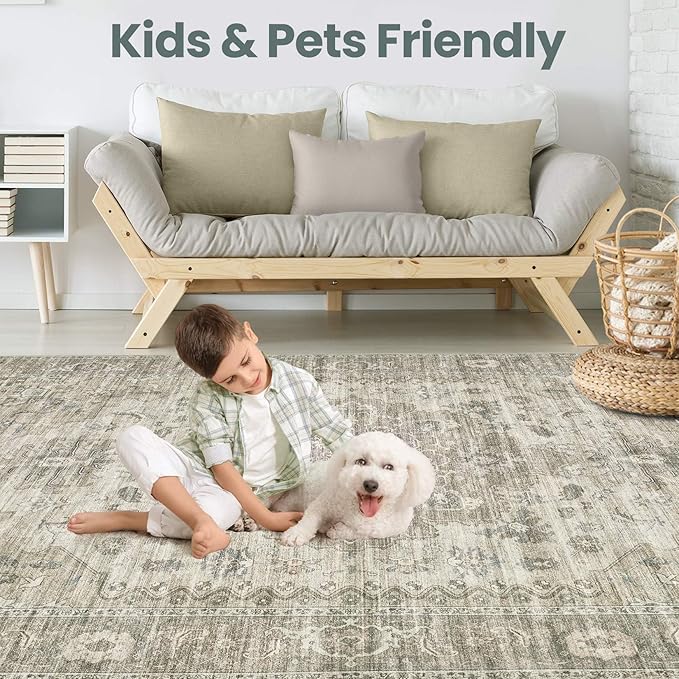 Washable Area Rugs for Living Room - 5x7 Neutral Vintage Distressed Floral Farmhouse Boho Large Soft Floor Rug Indoor Non Slip Carpet for Living Room Bedroom Dining Room Office - Brown/Tan-HomvellaHome