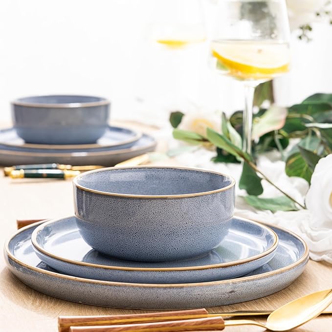 GBHOME Ceramic Dinnerware Sets for 8, 24 Pieces Stoneware Plates and Bowls Sets, Scratch Resistant Dishes, Dishwasher & Microwave Safe, Reactive Glaze-Brunnera Blue-HomvellaHome