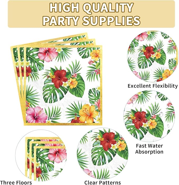 Grencian 200Pcs Hawaiian Luau Party Decorations Aloha Tropical Hibiscus Floral Luau Plates and Napkins Palm Leaf Tableware Sets for Summer Holiday Hawaiian Birthday Dinner Party Supplies Serves 50-HomvellaHome
