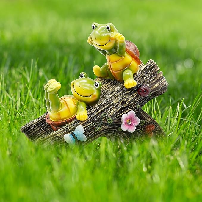 Garden Turtle Figurines Outdoor Decorations, Solar Statue Sweet Frog Face Turtles Decor with 4 LED Lights, Unique Garden Art Resin Statue Gifts for Patio Lawn Porch Yard-HomvellaHome