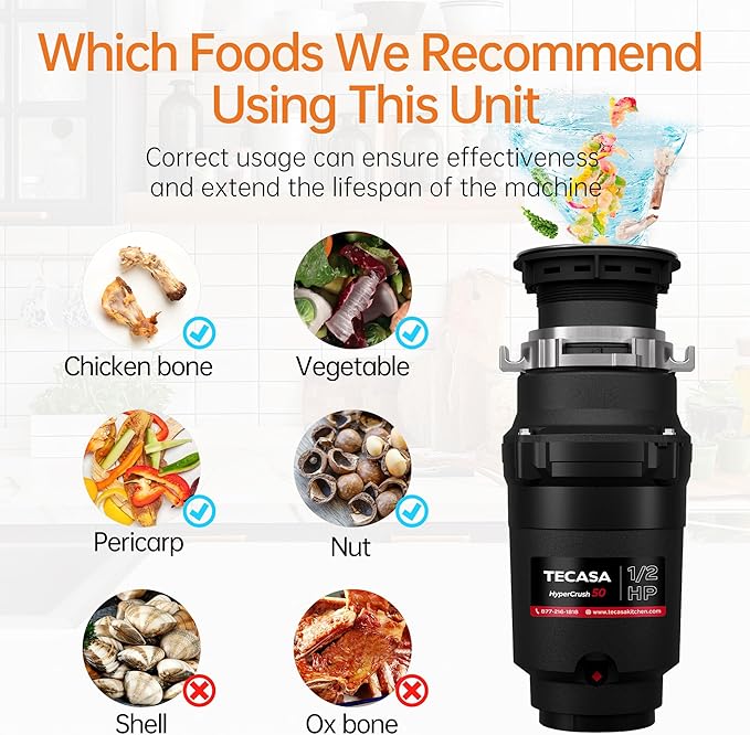 1/2 HP Garbage Disposals, TECASA Continuous Feed, Stainless Steel Food Waste Grinding System for Kitchen Sink Food Waste, Power Cord Included, Black - HyperCrush 50-HomvellaHome