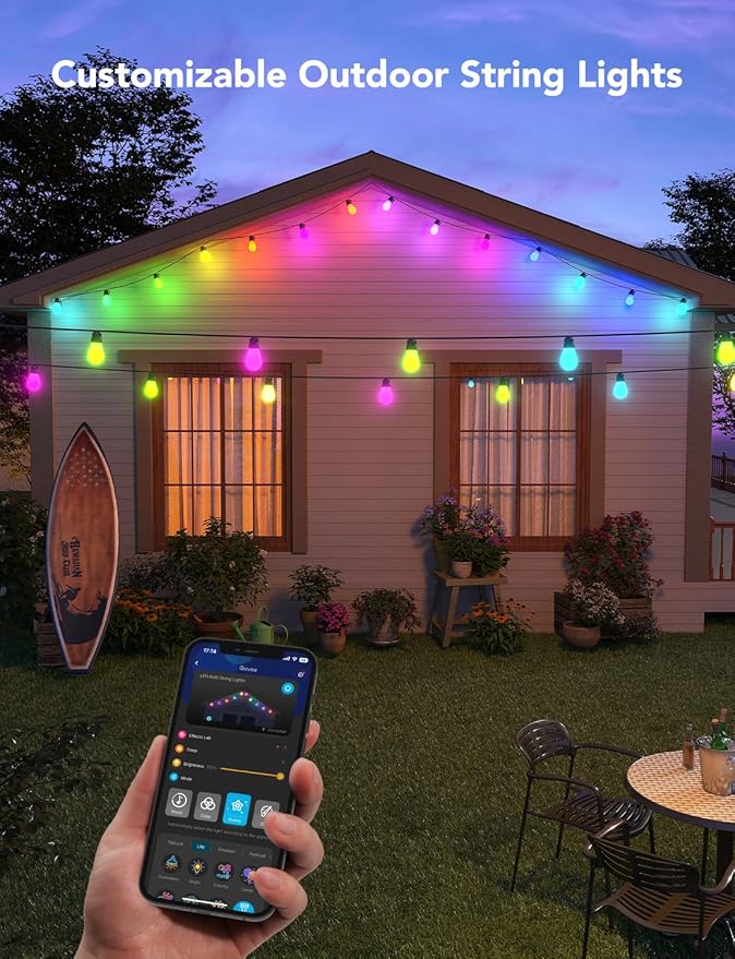 Govee Smart Outdoor String Lights H7015, 48ft RGBIC Outdoor Lights with 15 Dimmable LED Bulbs, IP65 Waterproof, Color Changing Warm White Lights with 47 Scene Modes for Patio, Backyard, App Control-HomvellaHome