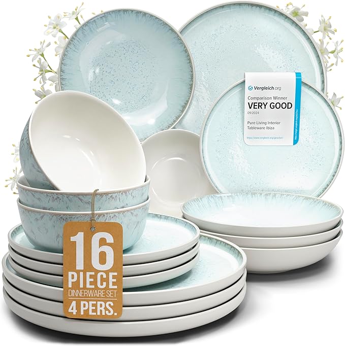 16 Piece Dinnerware Sets for 4 - Modern Style Stoneware Dinnerware Set - Scratch Resistant,Dishwasher,Microwave Safe Plates and Bowls Sets Ceramic,Dish Set, Bowl and Plate Set - Beige and Light Blue…-HomvellaHome