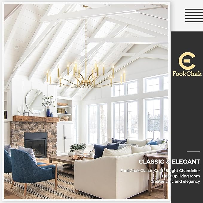 18 Light Gold Living Room Chandelier High Ceiling Foyer Candle Chandelier Large Modern Brass 59in Metal Chandeliers Hanging Light for Master Bedroom Dining Room Light Fixture Over Table-HomvellaHome