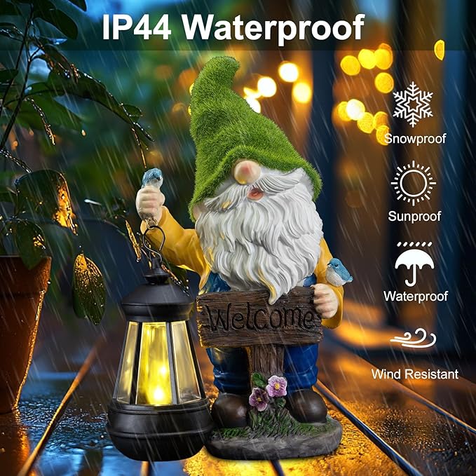 Garden Gnome Outdoor Statues with Solar Lights,Resin Flocked Solar Gnome Statue Holding Lantern,Outdoor Gnomes Decorations for Garden, Patio Gnome Gifts for Mom-HomvellaHome