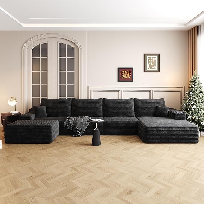 136" Sectional Couches for Living Room Modern Modular Sofa with L-Shape Couchs Upholstered Boneless Couch Deep Seat Sectional Couch with Chaise (Black, Right Facing Chaise+3Seaters+Ottoman)-HomvellaHome