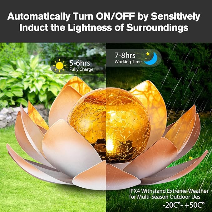 Garden Solar Lights Outdoor(2Pack) , Amber Crackle Globe Glass Lotus Decoration , Waterproof Orange Metal LED Flower Lights for Patio,Lawn,Walkway,Tabletop,Ground, Garden Gifts for Women-HomvellaHome