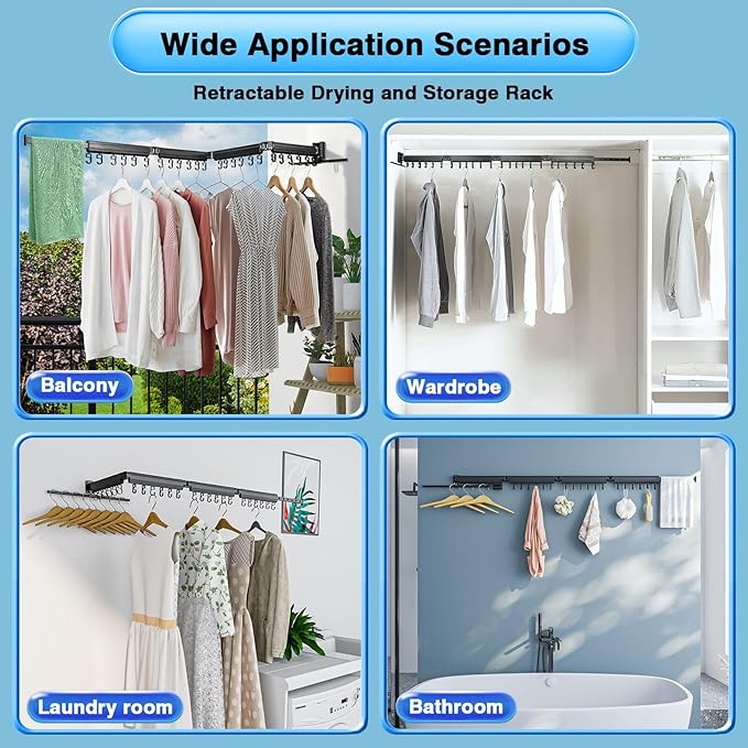 Gezen Clothes Drying Rack, Wall Mounted Drying Rack Clothing Retractable, Foldable Clothes Hanger Rack with 24 Hooks for Laundry Room Organization and Storage, Space Saving, Collapsible, Quad-Fold-HomvellaHome