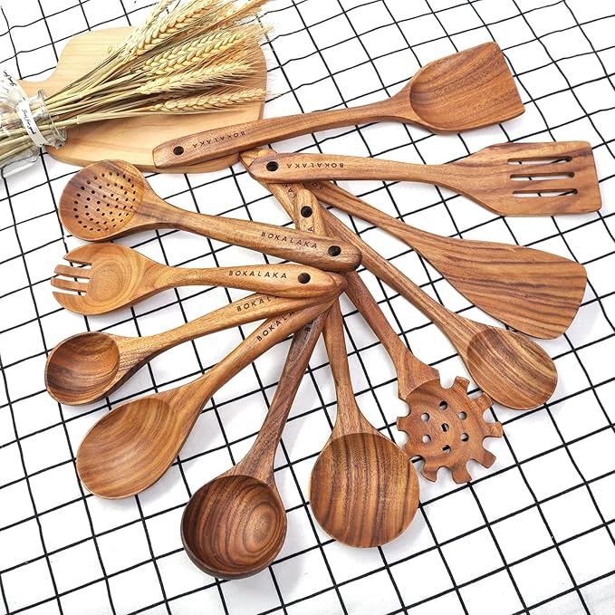 11 Pcs Wooden Kitchen Utensils Set - Wooden Spoons, Spatulas and More for Cooking-HomvellaHome