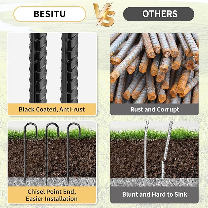 16 Inches 24-Pack J Hook Rebar Stakes Heavy Duty Tent Stakes with Chisel Point End, Steel Ground Anchors Metal Garden Stakes Chain Link Fence Stakes Black Coated-HomvellaHome