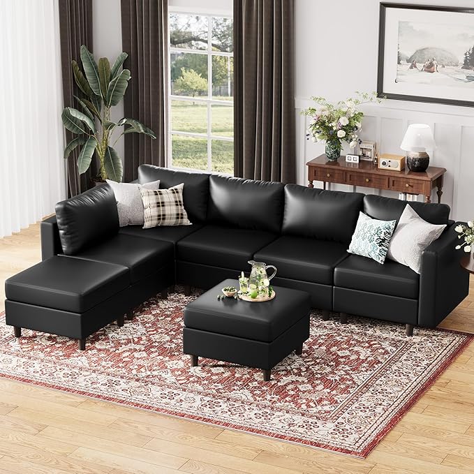 118.5" Faux Leather Modular Sectional Sofa, L Shaped Couch Set for Living Room, 7-Seater Comfy Cloud Couches with Storage Seat Black-HomvellaHome