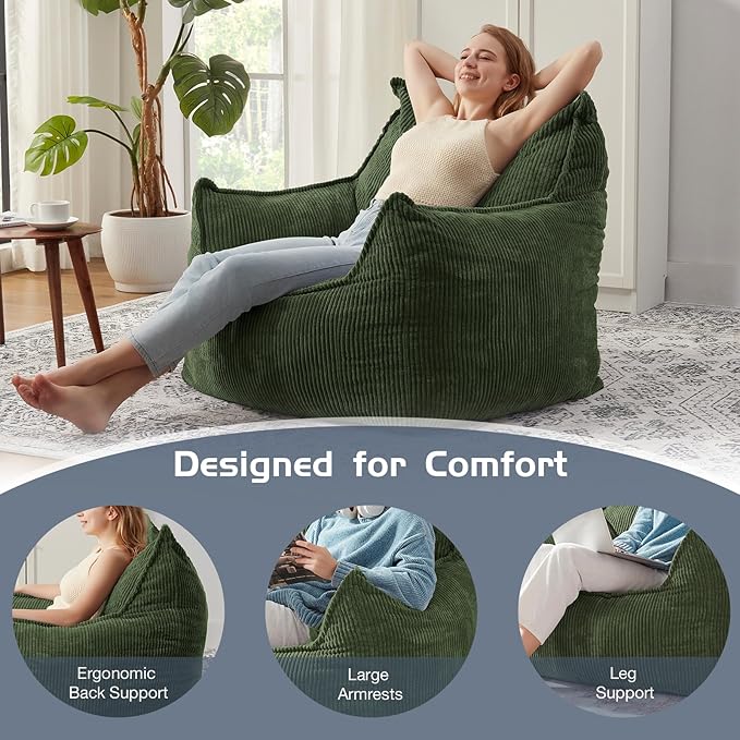Giant Bean Bag Chair Sofa for Adults Teens, Comfy Corduroy Large Bean Bag Chairs with Armrests for Bedroom Living Room, Adult BeanBag Lazy Sofa Couch Chairs with Filler Included-HomvellaHome