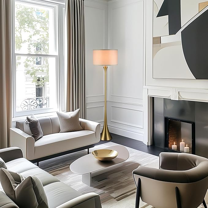 GLOBE Electric 61000150 60" Floor Lamp, Antique Brass Finish, Beige Fabric Shade, Mid-Century Modern Standing Lamp, E26 Base, Sustainable Design for Living Rooms and Bedrooms-HomvellaHome