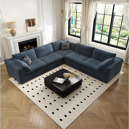118" Cloud Couch Oversized Modular Sectional Sofa for Living Room,Modern Sofa with Deep Seat，V Shaped Boneless Couch,Comfy Upholstered Corduroy Couches for Apartment, Studio, Office,Bedroom，Blue-HomvellaHome