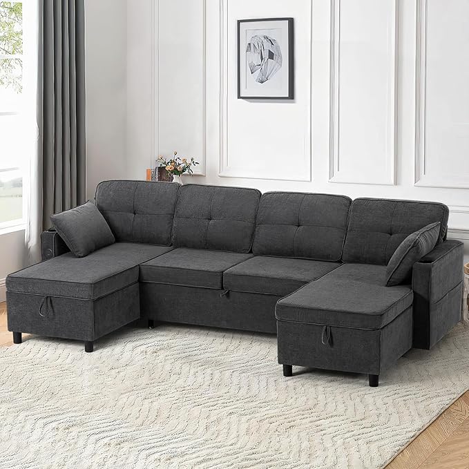 110 Inches Chenille Sectional Sofa w/Adjustable Back & Pull Out Sofa Bed, Tufted U Shaped Couch w/Two Storage Chaises, Sleeper Sectional Sofa w/USB Port & Cup Holders for Living Room, Grey-HomvellaHome