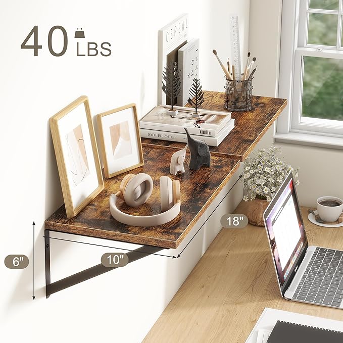 18"W x10"D Floating Shelves, Farmhouse Wall Shelves Home Decor Shelf, Deep Bathroom Shelves with Bracket, 10 Inch Deep Wall Shelf for Living Room, Kitchen, Bedroom, Rustic Brown, Set of 2-HomvellaHome