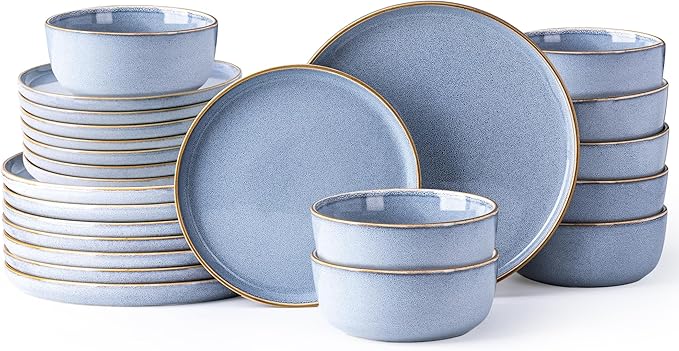 GBHOME Ceramic Dinnerware Sets for 8, 24 Pieces Stoneware Plates and Bowls Sets, Scratch Resistant Dishes, Dishwasher & Microwave Safe, Reactive Glaze-Brunnera Blue-HomvellaHome