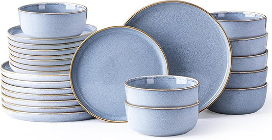 GBHOME Ceramic Dinnerware Sets for 8, 24 Pieces Stoneware Plates and Bowls Sets, Scratch Resistant Dishes, Dishwasher & Microwave Safe, Reactive Glaze-Brunnera Blue-HomvellaHome