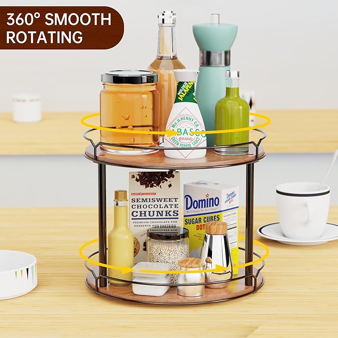 12.4" Lazy Susan Organizer 2 Tier - Rotating Spice Rack, Wooden Spinning Spice Holder for Inside Cabinet, Pantry, Kitchen, Countertop, Bathroom and Vanity, Versatile Storage-HomvellaHome