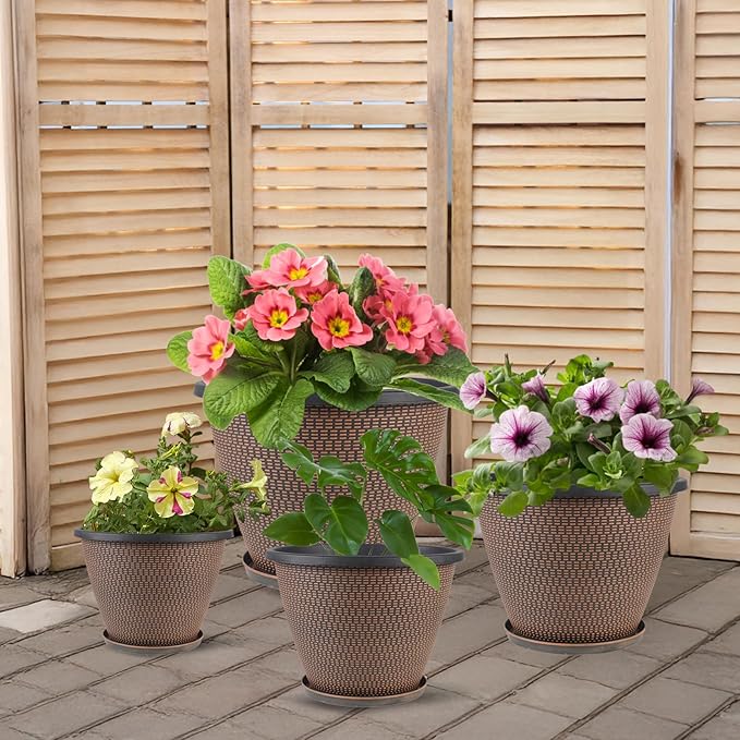 12 inch Pots for Plants, 4 Pack Large Outdoor Planter Pot with Drainage Holes & Saucers, Plastic Flower Pots for Indoor Plants, Decorative Garden Pots for Indoor & Outdoor Plant (Black Copper)-HomvellaHome