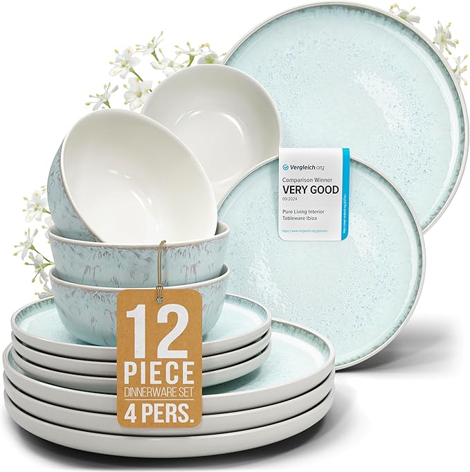 12 Piece Dinnerware Sets for 4 - Modern Style Stoneware Dinnerware Set - Scratch Resistant, Dishwasher, Microwave Safe Plates and Bowls Sets Ceramic, Bowl and Plate Set - Beige and Light Blue…-HomvellaHome