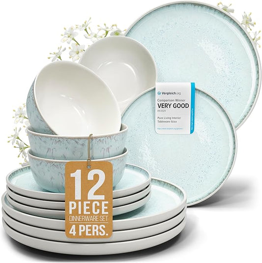 12 Piece Dinnerware Sets for 4 - Modern Style Stoneware Dinnerware Set - Scratch Resistant, Dishwasher, Microwave Safe Plates and Bowls Sets Ceramic, Bowl and Plate Set - Beige and Light Blue…-HomvellaHome