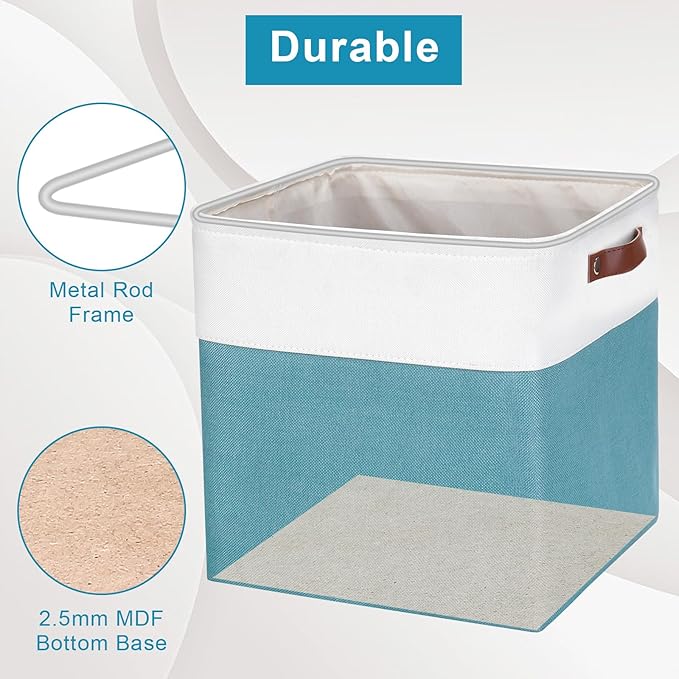 13x13 Cube Storage Bins, Collapsible Fabric Storage Box, 4 Pack Closet Baskets with Handles for Organizing, Shelf, Toys, Clothes, Home, Office, Nursery (Teal&White)-HomvellaHome