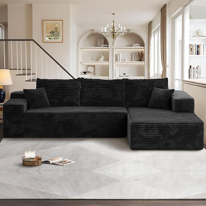 104" Cloudy Sectional L Shaped Couch for Living Room, No Assembly Required, Modular Comfy Sofa with Deep Seat, Fluffy Couch with Sleeper Chaise for Apartment Lounge (Black)-HomvellaHome